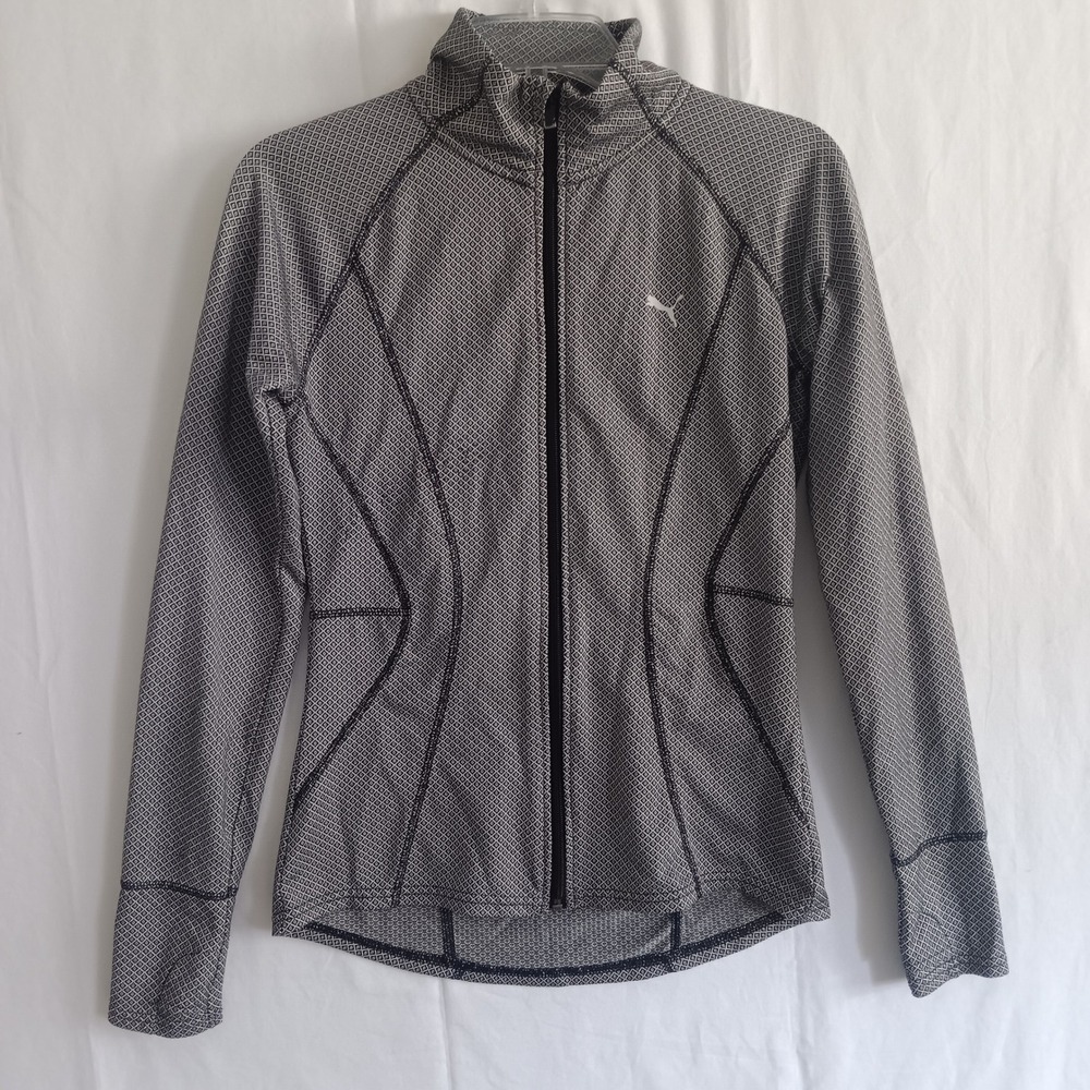 Puma Track Jacket Womens XS Black White Geometric Full Zip Thumbholes